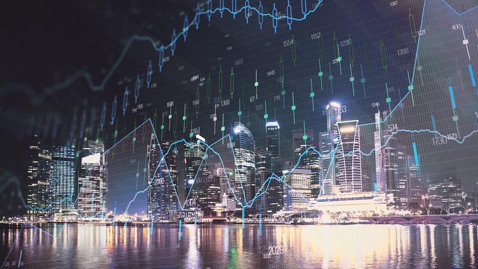 trading graph on singapore cityscape