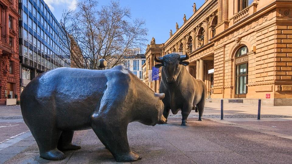 Bull and bear as a symbol figure. Place in front of the building of the Frankfurt Stock Exchange.