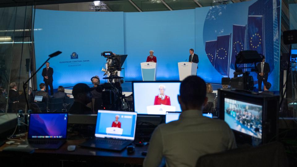 De ECB persconferentie van donderdag in Frankfurt. Foto: ECB. ECB onzeker over volgende rentestap