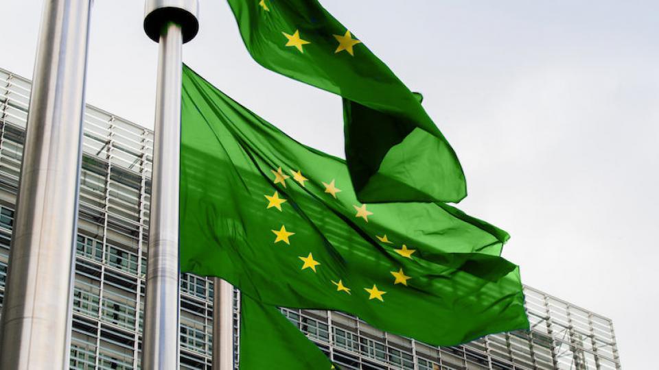 Groene EU-vlaggen bij het Berlaymontgebouw van de Europese Commissie in Brussel. Foto: EC. Groene EU-vlaggen bij het Berlaymontgebouw van de Europese Commissie in Brussel. Foto: EC.