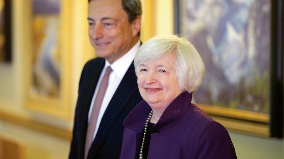 ECB-president Mario Draghi en Fed-voorzitter Janet Yellen ECB-president Mario Draghi en Fed-voorzitter Janet Yellen