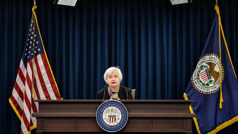 Janet Yellen, bij een persconferentie van de Fed Janet Yellen, bij een persconferentie van de Fed