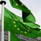 Groene EU-vlaggen bij het Berlaymontgebouw van de Europese Commissie in Brussel. Foto: EC.